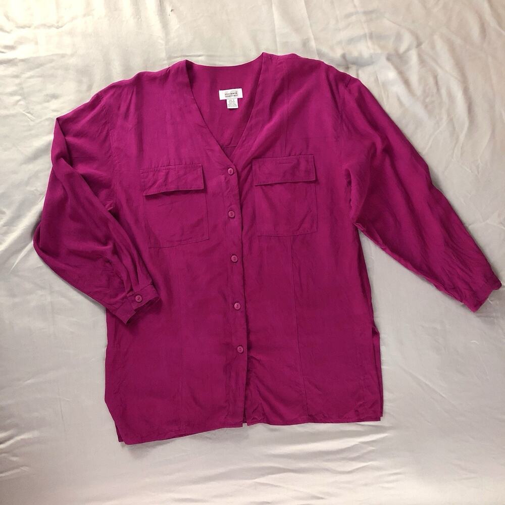 Sostanza Women’s 100% Silk Fuschia Blouse‎ Long Sleeve Button Down SZ Medium